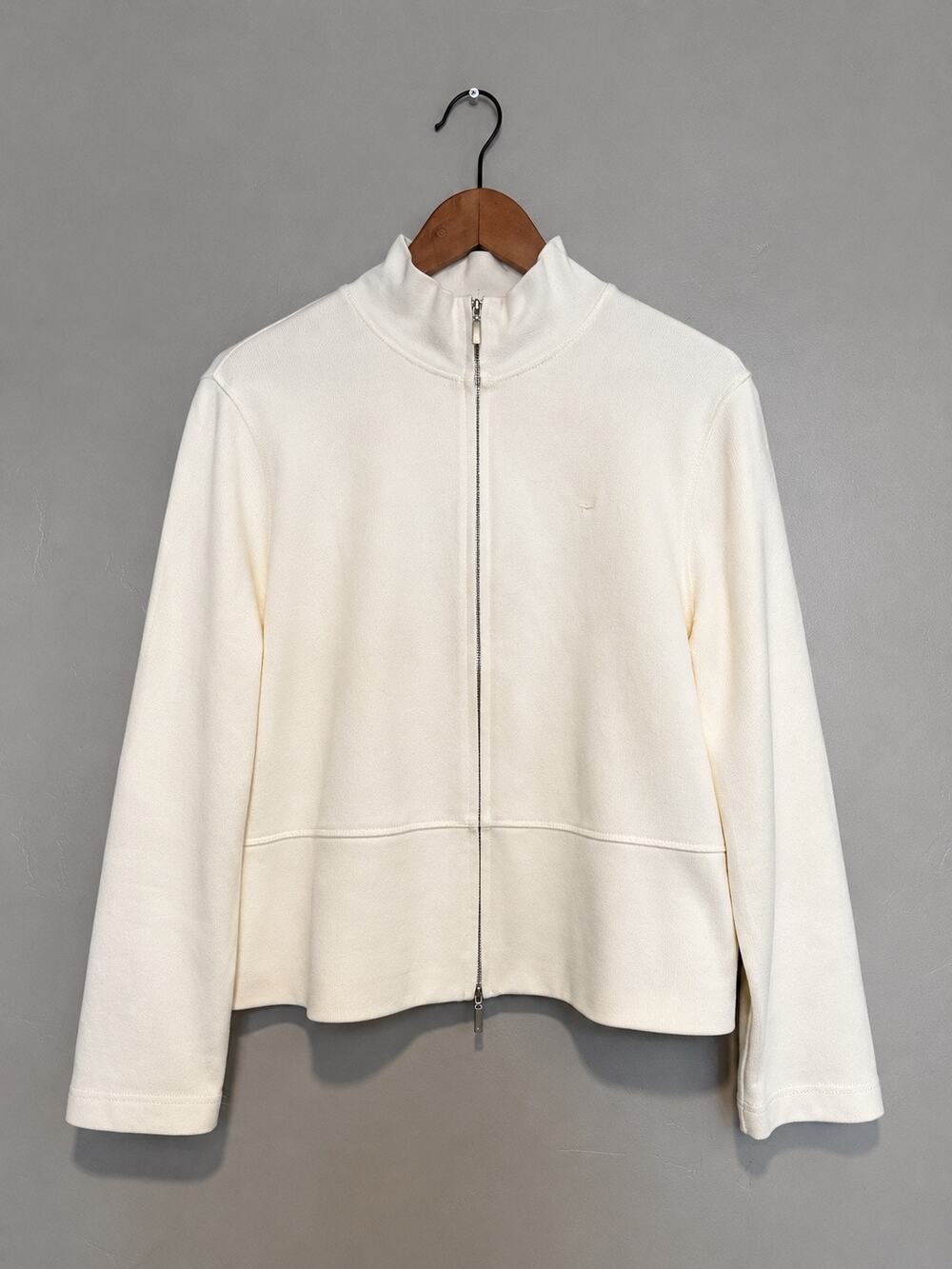 Falconable Womens Ivory Full Zip Jacket Mock Neck Two Way Zip Minimalist Sz M